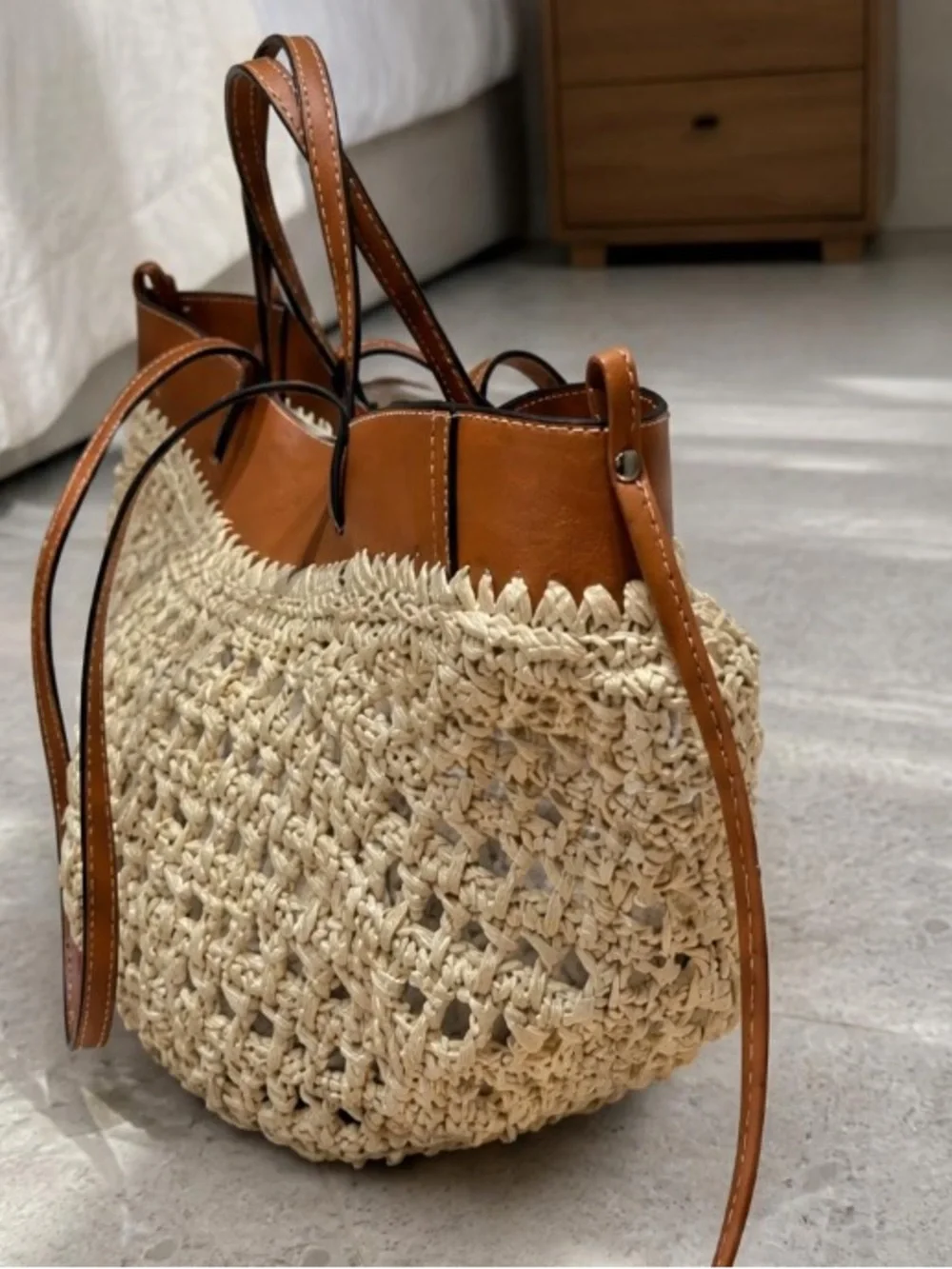 Woven Straw Tote Bag with Brown Faux-Leather Trim